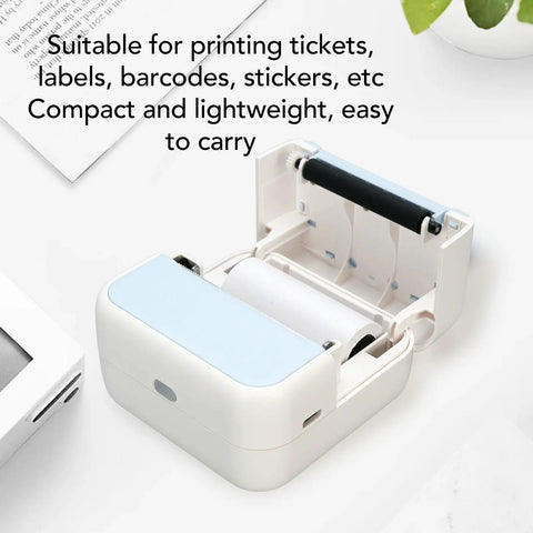 Banapoy Inkless Bluetooth Thermal Label Maker Machine With Five Rolls Paper portable pocket-sized printer with white and blue design.