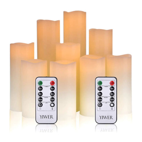 Set Of Nine Ivory Real Wax Flameless Pillar Candles Battery Operated 4 Inch Through 9 Inch Heights With 10 Key Remote And 24 Hour Cycling Timer