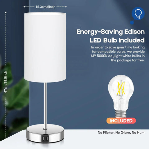 Set Of 2 Touch Control Table Lamps With 3 Way Dimming USB Ports And AC Outlet Brushed Nickel Bedside Lamps With White Shades For Bedroom Modern Nightstand Lighting 5000K LED Bulb Included