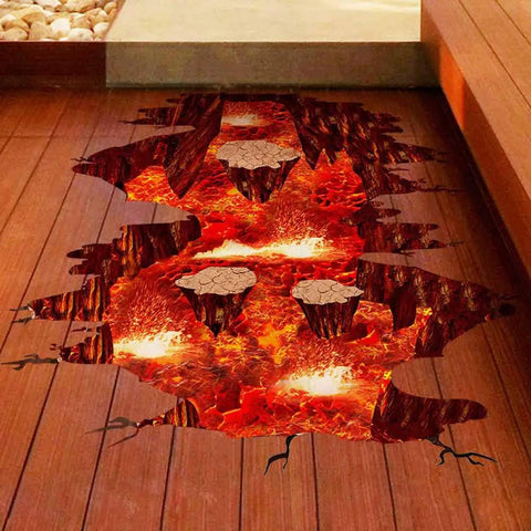 Epic 3D Volcano Wall Decals Kit With Fire And Lava Effect on wooden floor, detailed view of flames and lava, 32x30 inches assembled