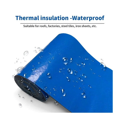 Heavy Duty Waterproof Self Adhesive Repair Tape For Indoor And Outdoor Use Instantly Sticks With One Press Quick Fix For Wall Cracks And Roof Leaks Heat Insulation Grey 10 Cm By 10 M Weather Resistant And Long Lasting showing roll of blue waterproof insulation tape with water droplets