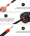 Ferrule Crimping Tool Kit With Self Adjusting Ratchet For AWG 23 10 Wires includes crimping process and ferrule terminals