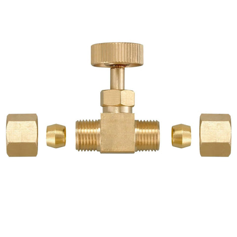 Two brass replacement control needle valves with 1/4 in compression fittings and hex nuts
