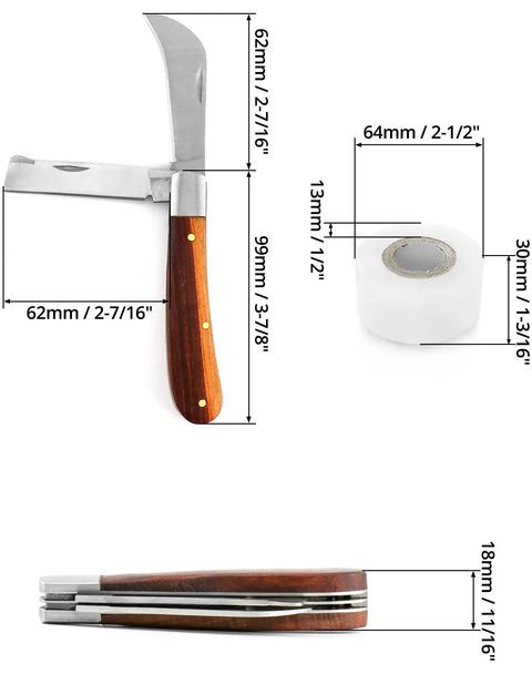 Gardening Grafting Cutter Kit with Two Grafting Tapes for Plant Budding and Fruit Tree Pruning, dimensions shown
