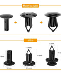 Hella Tough Nylon Bumper Fastener Rivet Clips One Hundred Piece Assortment Kit Eight Mm showing usage and size specifications.