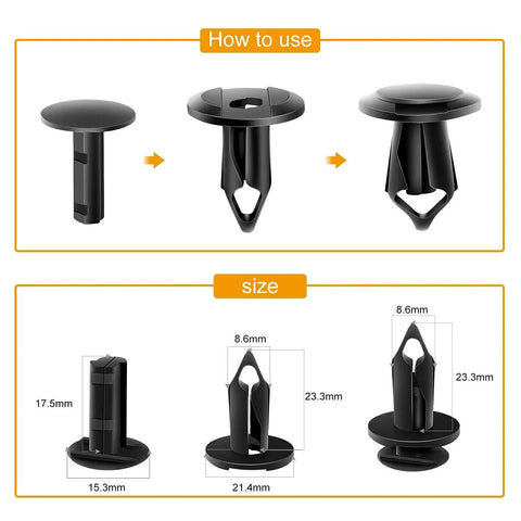 Hella Tough Nylon Bumper Fastener Rivet Clips One Hundred Piece Assortment Kit Eight Mm showing usage and size specifications.