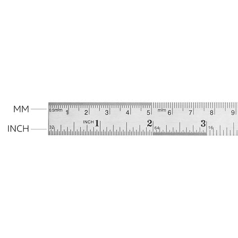 Close-up of 6 Inch Stainless Steel Ruler Set Of 4 With Safe Non Sharp Edge showing mm and inch markings for precise lines and crafting.