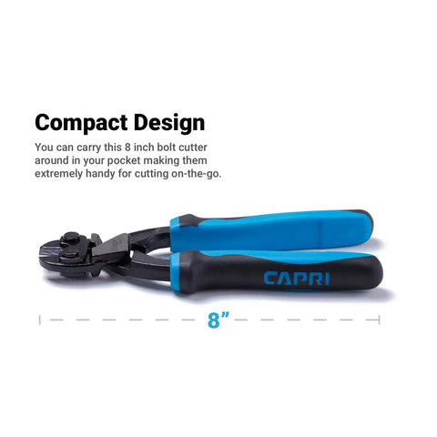 8 Inch Mini Bolt Cutter With Double Heat Treated CrMo Blades, ergonomic grips, blue and black, compact design