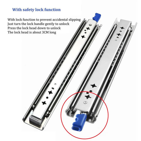 Heavy Duty Locking Drawer Slides Built Tough for Smooth Action, 250lbs Capacity, 56 Inch Side Mount with safety lock detail