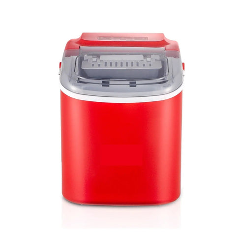Grab And Go Countertop Pellet Ice Maker With Sturdy Handle and Single Knob Self Cleaning, red color, compact design for easy use.