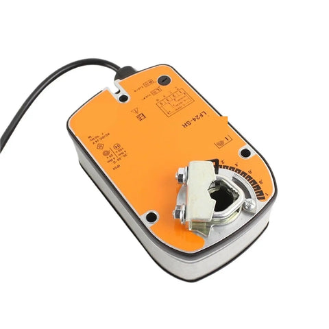 Top Shelf Rotary Actuator Delivering A Rock Solid 4 Nm Output For Hassle Free Hvac Ventilation Damper Control Works Flawlessly On Standard Ac 24v Or Dc 24V Wiring, close-up view with orange top and metal mounting bracket.