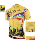 Yellow cycling jersey with urban skyline design, colorful accents, and bicycle graphic, featuring breathable fabric details.