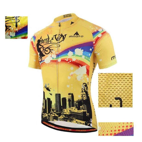 Yellow cycling jersey with urban skyline and graffiti design, featuring breathable fabric and colorful accents by Miloto.