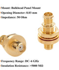 Female To Female Bulkhead Panel Mount RF Coaxial Adapter 50 Ohm Low Loss Connector IP67 with gold-plated finish, shown up close.