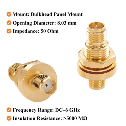 Female To Female Bulkhead Panel Mount RF Coaxial Adapter 50 Ohm Low Loss Connector IP67 with gold-plated finish, shown up close.