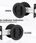 Round Pocket Door Lock And Edge Pull Privacy Latch With Color Coded Indicators Dope Matte Black Flush Pocket Door Hardware in open and close positions