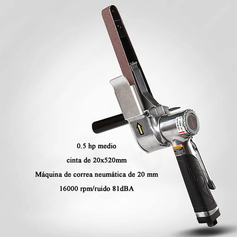 Handheld Pneumatic Belt Sander With Slick Rubber Grip And Quick Release Tensioner No Hassle Setup For Wood Metal And Stone, 20x520mm belt.