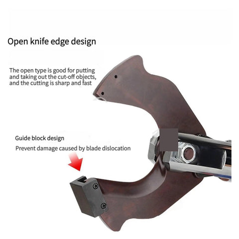 Open knife edge design of Heavy Duty Rechargeable Hydraulic Cable Cutter For Copper Aluminum Wires EZ-105C for efficient cutting.