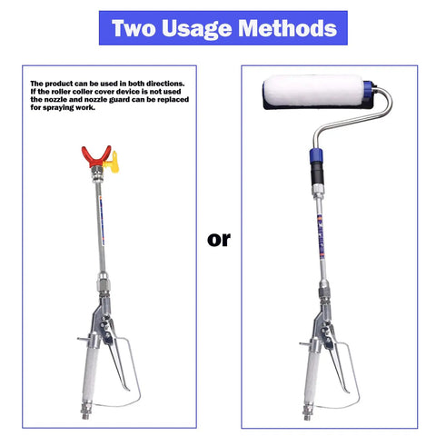 Inner Feed Airless Paint Sprayer Gun Attachment Kit With 10 Inch Roller Extension for Titan Graco, two usage methods shown