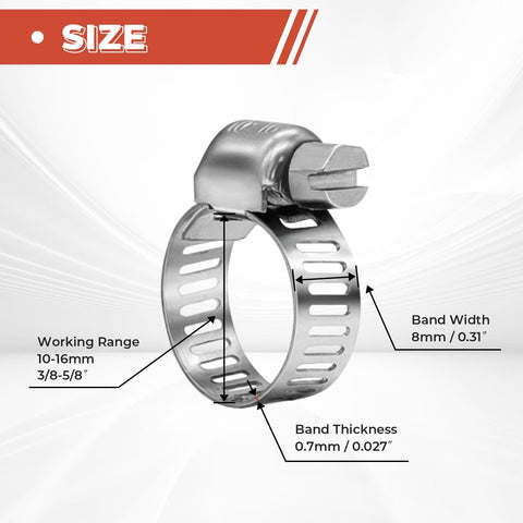 24 Pack Worm Gear Hose Clamps Stainless Steel 304, Adjustable From Ten To Sixteen Millimeter, size details