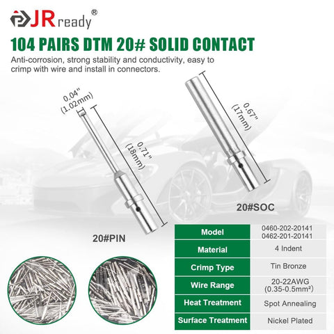 Deutsch DTM Connector Crimp Tool Kit Pro Grade With 104 Solid Contacts shown with technical specifications and components.