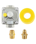 1/2-inch gas pressure regulator with two brass 1/2-inch NPT adapters and a yellow seal ring