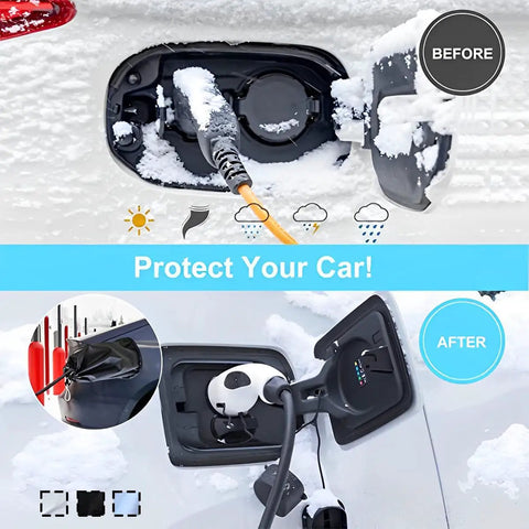 Before and after images of EV Charger Plug Cover With Tight Magnetic Seal, protecting in snow with waterproof fabric.