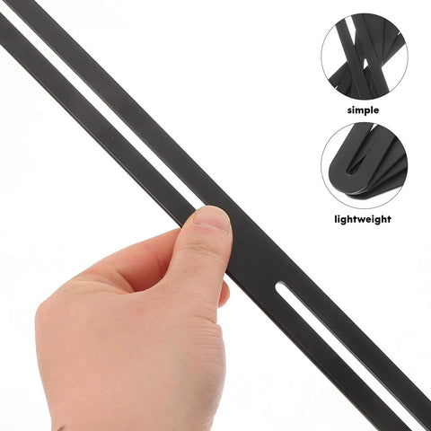Hand holding a black metal plate, part of 4 Pack Stainless Steel Flat Joining Plates For Furniture Brackets, Straight Brace Reinforcement For Right Angle Joints