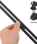 Close-up of hand holding black Stainless Steel Furniture Mending Plates Four Pack Easy To Install Right Angle Brackets.