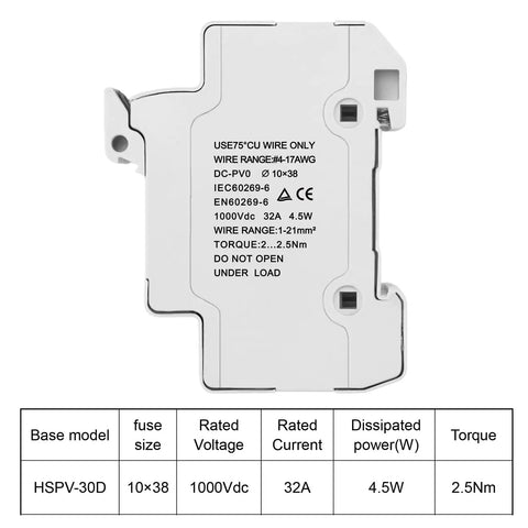 Back view of PV Solar Fuse Holder 2 Pole DIN Rail Mount for 10x38mm fuses, model HSPV-30D, showing specifications and certifications.