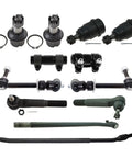 All In One Front Steering And Suspension Kit 12 Piece For Easy Install And Peak Handling, Includes Tie Rod Ends, Ball Joints, Control Arms, Sway Bar Links And Bushings For A Smooth, Responsive Ride. 12-piece black steel and rubber steering kit parts