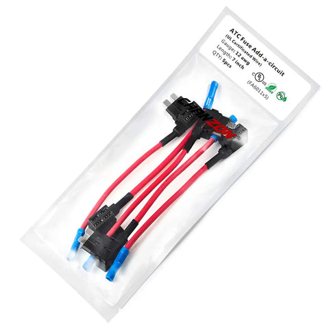 Heavy Duty 12 Gauge UL Wire Add A Circuit Fuse Tap Kit 5 Pack ATC ATO Standard Fuse Holders Up To 35 Amps packaged view