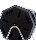 Close-up of a black Dual Chamber Tumbling Compost Bin With Wheels, 37 Gallon Outdoor Garden Recycler, elevated rotating design.