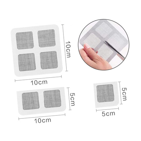 DIY Window And Door Screen Patch Kit With 20 Fiberglass Mesh Patches for Quick Fixes of Holes shown in different sizes with dimensions
