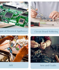 Visual guide showing uses of Cordless Soldering Iron Kit With 1100mAh USB Battery for repairs, circuit board work, and DIY projects.