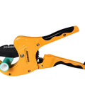 Beefy Heavy Duty Ratchet PVC Pipe Cutter Up To Two And A Half Inch cutting green pipe, yellow aluminum body with sharp SK5 blade