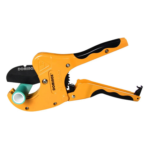Beefy Heavy Duty Ratchet PVC Pipe Cutter Up To Two And A Half Inch cutting green pipe, yellow aluminum body with sharp SK5 blade