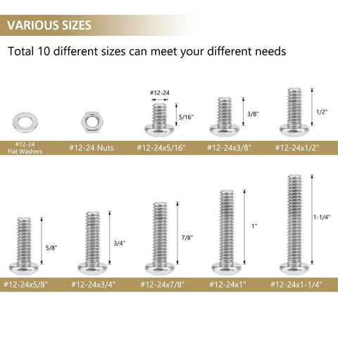 Ready To Roll 104 Piece Machine Screw Assortment Kit With Phillips Pan Head Bolts And Hex Nuts Washers In 304 Stainless Steel featuring various sizes.