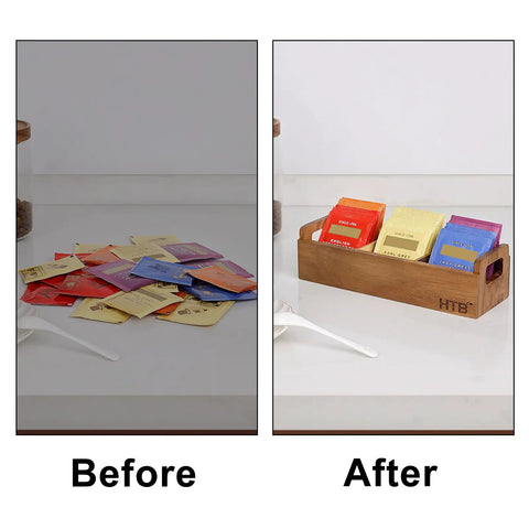 Three Compartment Wooden Tea Bag Box With Handle Acacia Wood Caddy For Tea Bags Sugar Packets Creamers And More Go To Countertop Organizer Before and After