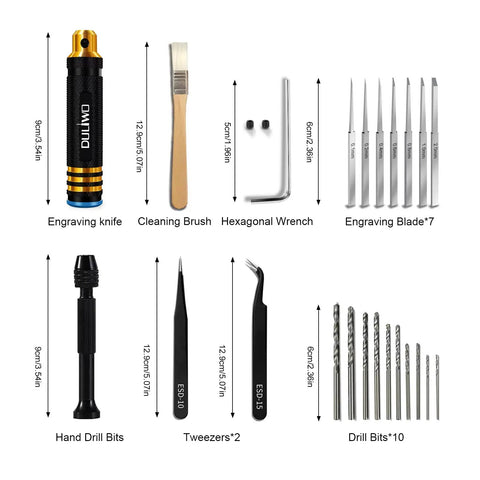 Pro Grade Gunpla Scribing Tool Kit With 7 Blade Model Scriber Chisel Set 0.1 To 2.0mm, Pin Vise Hand Drill, Tweezers, Brush