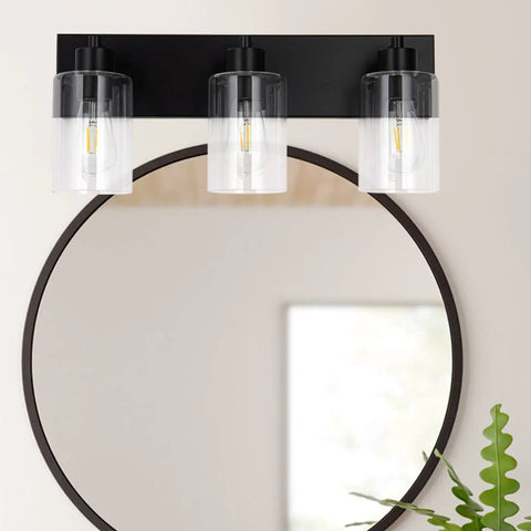 Three Light Matte Black Bathroom Vanity Light Fixture For Farmhouse Style Over Mirror With Clear Glass Shade E26 Base