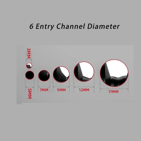 Garosa 6 Channel Wire Stripper Machine For 3 To 17Mm Wires showing six entry channel diameters marked from 3mm to 17mm.