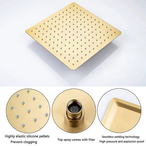 UMJIGF 12 Inch Brushed Gold Shower System Thermostatic Shower Faucet Set with Rotatable Tub Spout, top shower head view with silicone pellets.