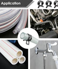 Ultimate 73-Piece Spring Hose Clamp Kit With Pro Pliers Made From Heavy Duty 65Mn Steel For Tough Automotive repairs plumbing fixes and sweet DIY home projects organized in sturdy storage box. Application image showing spring hose clamps on hoses and pipes.