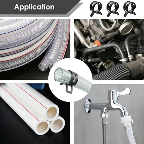 Ultimate 73-Piece Spring Hose Clamp Kit With Pro Pliers Made From Heavy Duty 65Mn Steel For Tough Automotive repairs plumbing fixes and sweet DIY home projects organized in sturdy storage box. Application image showing spring hose clamps on hoses and pipes.