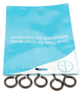 Four two and a half inch black screw eyes for wood and cable, 304 stainless steel, shown with packaging, rust resistant eyelets.