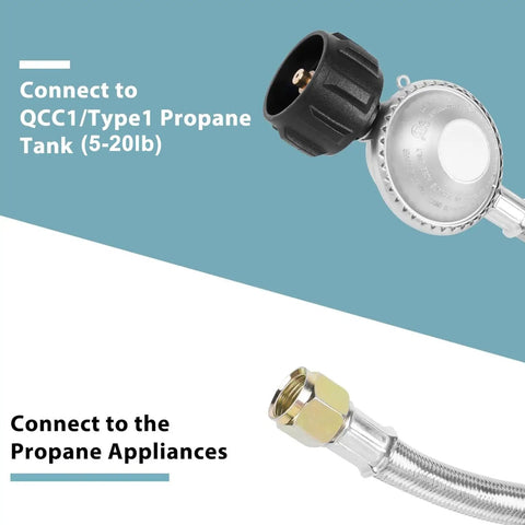 Close-up of Six Foot Stainless Steel Braided Propane Regulator With Hose For Blackstone 28 And 36 Inch Griddles Weber Grills Patio Heaters And Fire Pits The Go To Universal Gas Grill Regulator Replacement Part showing connections to propane tank and appliance.