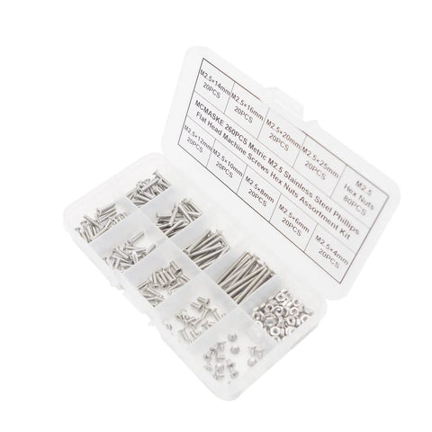 Open top view of 260 Piece Metric M2.5 Stainless Steel Phillips Flat Head Screws With Hex Nuts Assortment Kit for Electronics DIY Projects