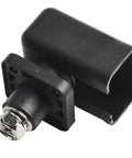 Next Level Heavy Duty 200A Energy Storage Terminal Block Featuring High Voltage Copper Connector And Crimp Wiring For EV Battery Packs Plus Solar Builds In Black, side view of terminal block.