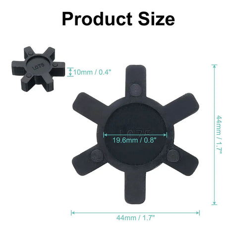 2 Pack L075 Jaw Coupling Inserts Red NBR Rubber Flexible Solid Type for L-Jaw Couplings, 0.8 in Inner Diameter and 1.7 in Outer Diameter, Built To Last Flexible Center Inserts for Smooth Torque Transmission and Vibration Dampening, black L075 insert shown with 19.6mm I.D. and 44mm O.D.